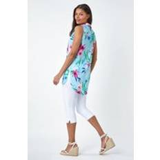 Women Blouses Roman Tropical Floral Sleeveless Button Blouse in Blue