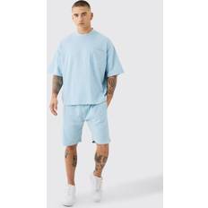 Hosen & Shorts boohooMAN Oversized Boxy Fit Double Knit T-shirt and Short Set - Dusty Blue