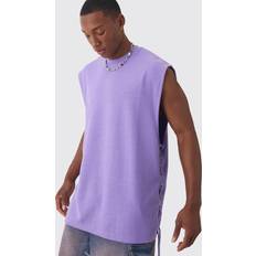 Men - Purple Tank Tops boohooMAN Mens Oversized Reverse Loopback Lace Up Tank Purple