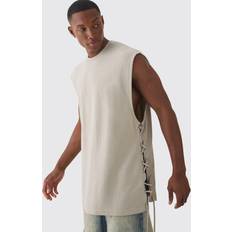 Beige - Men Tank Tops boohooMAN Mens Oversized Reverse Loopback Lace Up Tank Beige