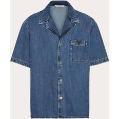 Hombre - Plata Camisas Valentino Denim Bowling Shirt with Metallic V-Detail