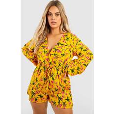 Yellow Jumpsuits & Overalls boohoo Womens Plus Floral Plunge Tie Waist Romper Yellow