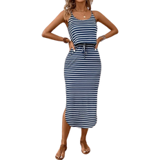 Shein LUNE Women's Summer Casual Spaghetti Strap Dress With Tie Waist, Side Split Hem