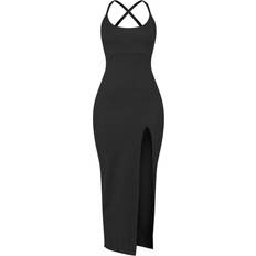 PrettyLittleThing Soft Rib Cut Out Tie Back Midaxi Dress - Black