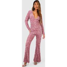 Sequins Jumpsuits & Overalls boohoo Womens Sequin Shoulder Pad Flared Jumpsuit Pink