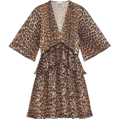 Leopard Pleated Georgette V-neck Flounce Mini Dress - Almond Milk