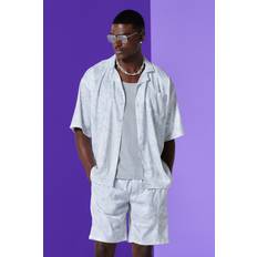 boohooMAN Mens Boxy Satin Revere Collar Print Shirt And Short Set In White
