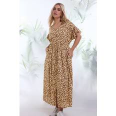 Midi Dresses - Natural Yours Leopard Print Linen Maxi Dress Light Brown