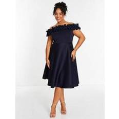 Tennis Dresses Quiz Curve Navy Bardot Ruffle Skater Midi Dress, Blue, 20, Women