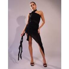 Mesh Choker Detail Asymmetric Midaxi Dress Black black