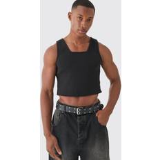 Neliökaula-aukko Topit boohooMAN Slim Cropped Square Neck Interlock Vest - Black