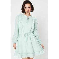 Short Dresses - Slit Oasis cotton dobby ruffle tie waist mini dress