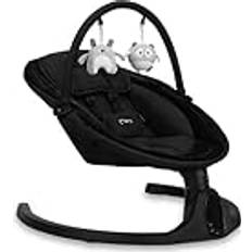 Babyudstyr MoMi KENANI Onyx Babywippe für Babys bis 9 kg, mit LED-Display, Fernbedienung & Bluetooth für Smartphone, Batterie- oder Stromanschluss, mit 5-Punkt-Sicherheitsgurt, Bügel und Spielzeug