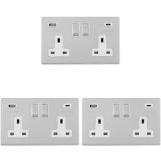 Loops 3 PACK 2 Gang Double 13A UK Plug Socket & 2x 3.1A USB-C SCREWLESS CHROME Charger