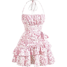 Shein SHEIN x Marika Sila SHEIN MOD Summer Pink Allover Floral Print Ruffle Trim Tie Backless Ruched Bust Halter Dress