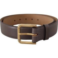 Dolce & Gabbana Grey Belts Dolce & Gabbana Gray Calfskin Leather Gold Metal Logo Buckle Belt