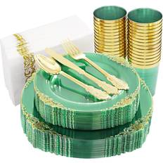 Hioasis Plates, Cups & Cutlery Disposable Plastic Silverware Green/Gold 175pcs