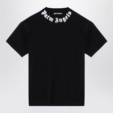Palm Angels Mens Black W White Text Neck Logo-print Relaxed-fit Cotton-jersey T-shirt
