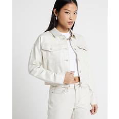Beige - Denim Jackets River Island Womens Petite Beige Glitter Coated Denim Jacket