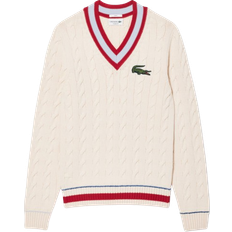 Lacoste Donna Maglioni Lacoste Cable Knit V Neck Sweater Unisex - White/Bordeaux/Light Blue