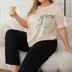 5XL Sleepwear Shein Plus Womens Cartoon Cat Printed Pajama Set Apricot 1XL,2XL,3XL,4XL,5XL