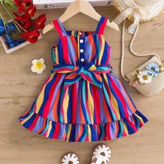 Cheap Dresses Shein Colorful Striped Pattern Lace Hem Button Detail Spaghetti Strap Baby Girl Dress For Summer Stylish And Cute