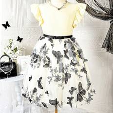 Yellow Dresses Shein Tween Girl Elegant ColorBlock Butterflies Embroidered Mesh Dress With Ruffle Hem Summer