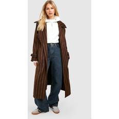 Outerwear boohoo Womens Oversized Pinstripe Shoulder Pad Midi Wool Look Coat Brown