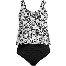 Lands' End L Swimwear Lands' End Womens Chlorine Resistant V-Neck Fauxkini One Piece Swimsuit Black Havana Floral Regular