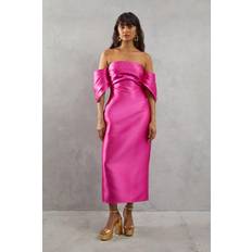 Womens Structured Puff Sleeve Bardot Midi Dress Pink