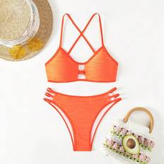 Orange Bikini Sets Shein Solid Textured Spaghetti Strap Bikini Set Bathing Suit For Beach Vacation