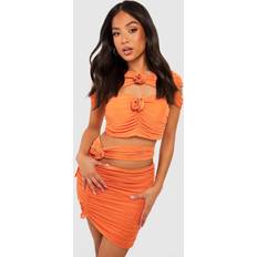 Orange Skirts boohoo Womens Petite Rose Corsage Mesh Ruched Skirt Orange