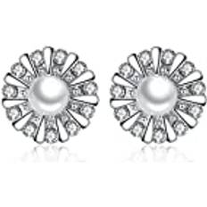 Wiftly Damer eleganta örhängen, örhängen pärlor damer 925 silver örhängen solros öronsmycken zirkonia sötvattenspärlor gåva för damer