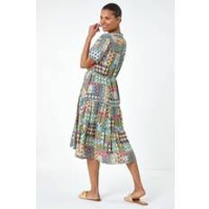 Multicoloured - Shirt Dresses Roman Patchwork Print Pocket Tiered Shirt Dress Multi