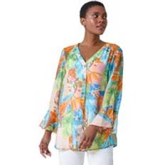 Orange Blouses Roman Tropical Print Frill Sleeve Top Orange