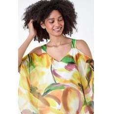 Amarillo Blusas Roman Abstract Print Cold Shoulder Overlay Top Yellow