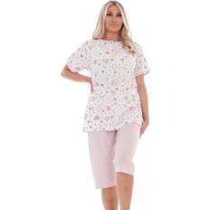 4XL Pyjamas Malay Pink, 4XL Plus Capri Pyjama Set Heart Printed Short Sleeve Buttons Cotton to