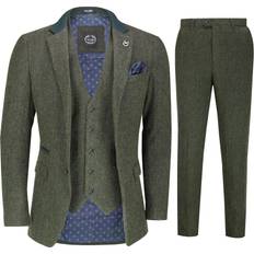 Xposed Mens herringbone tweed piece suit retro smart tailored fit olive green grey