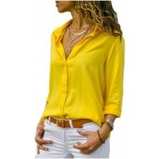 Yellow Blouses Blowuponline5 6XL, Yellow 8XL Oversize Women Tops Blouses Autumn Elegant Long Sleeve Solid V-Neck Chiffon Blouse Work Shirts Office Plus 7XL Blusas Multicoloured One