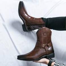 Shein Men's High Top Western Cowboy Boots With Side Zipper, Pointed-Toe Leather Boots