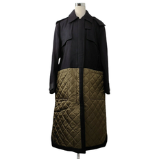 MCM Women's Black Wool/ Olive Green Quilted Nylon Long Coat w/Hood IT 44