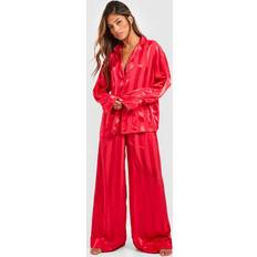 Red Pyjamas boohoo Premium Satin Stripe Double Pocket Long Sleeve Shirt Trousers Pyjama Set - Red