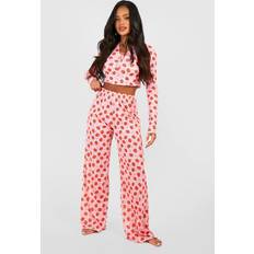 Red - Women Sleepwear boohoo Strawberry Print Button Front Long Sleeve Top Trousers Pyjama Set - Red