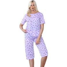 Florals - Women Pyjamas Malay Lavender, XXL Ladies Capri Pyjama Set Floral Printed Tulip Crew Neck Buttons Cropped PJs Purple