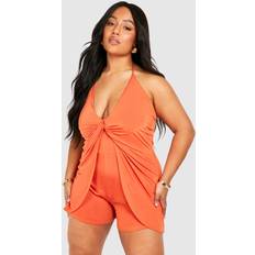 Orange - Women Jumpsuits & Overalls boohoo Womens Plus Slinky Knot Detail Strappy Romper Orange