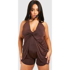 Brown Jumpsuits & Overalls boohoo Womens Plus Slinky Knot Detail Strappy Romper Brown