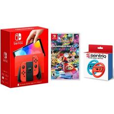 Nintendo Switch Games Switch OLED Mario Red Edition + Mario Kart 8 Deluxe + Sentriq Racing Wheel Two Pack Joy Con