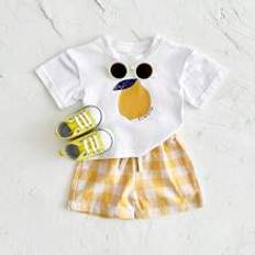 24-36M - Gula Övriga sets Shein 2pcs Kids' Cartoon Lemon Print Short Sleeve T-Shirt And Shorts Set, Summer