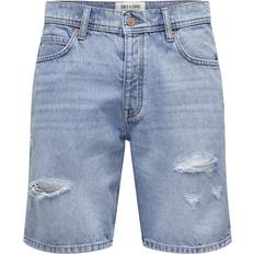 Denim/Jeansstoff - Herren Shorts Only & Sons Edge Destroyed Denim Shorts Blau