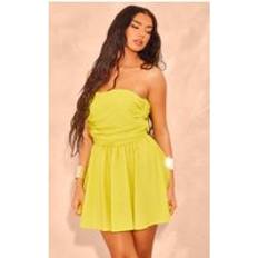 PrettyLittleThing Chartreuse Linen Look Pleated Shift Dress, Chartreuse